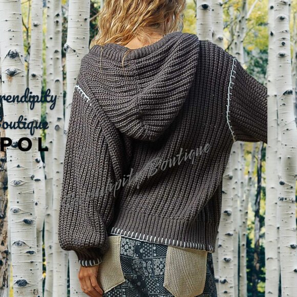 POL Boho Grunge Oversized Slouch Chunky Cable Knit Balloon Sleeve Hoodie Sweater - Picture 5 of 12